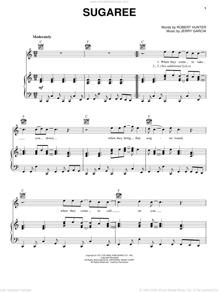 Sugaree sheet music for voice, piano or guitar by Grateful Dead, Jerry Garcia and Robert Hunter, intermediate skill level