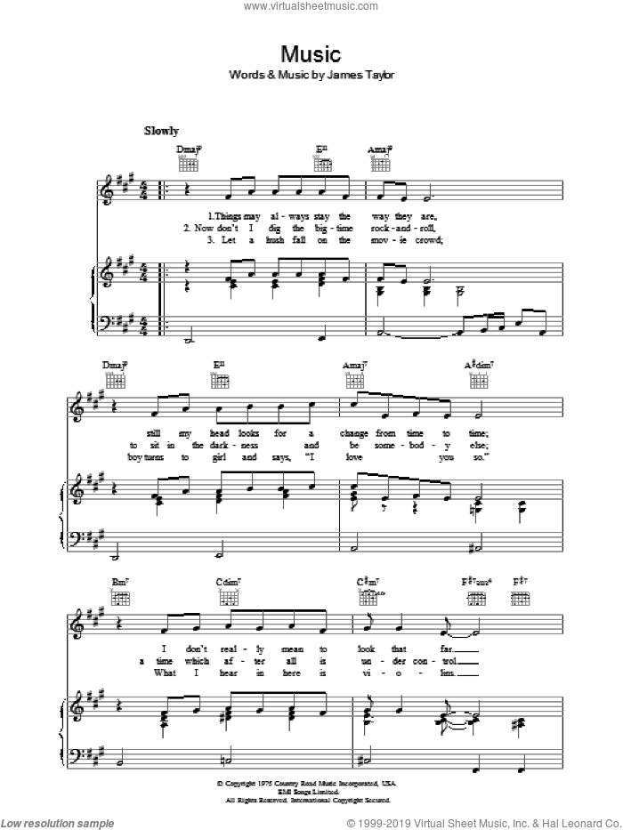 Music sheet music for voice, piano or guitar by James Taylor, intermediate skill level