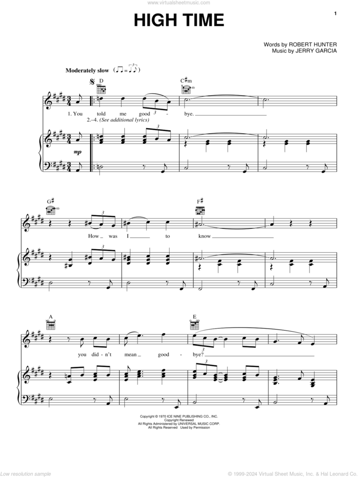 High Time sheet music for voice, piano or guitar by Grateful Dead, Jerry Garcia and Robert Hunter, intermediate skill level