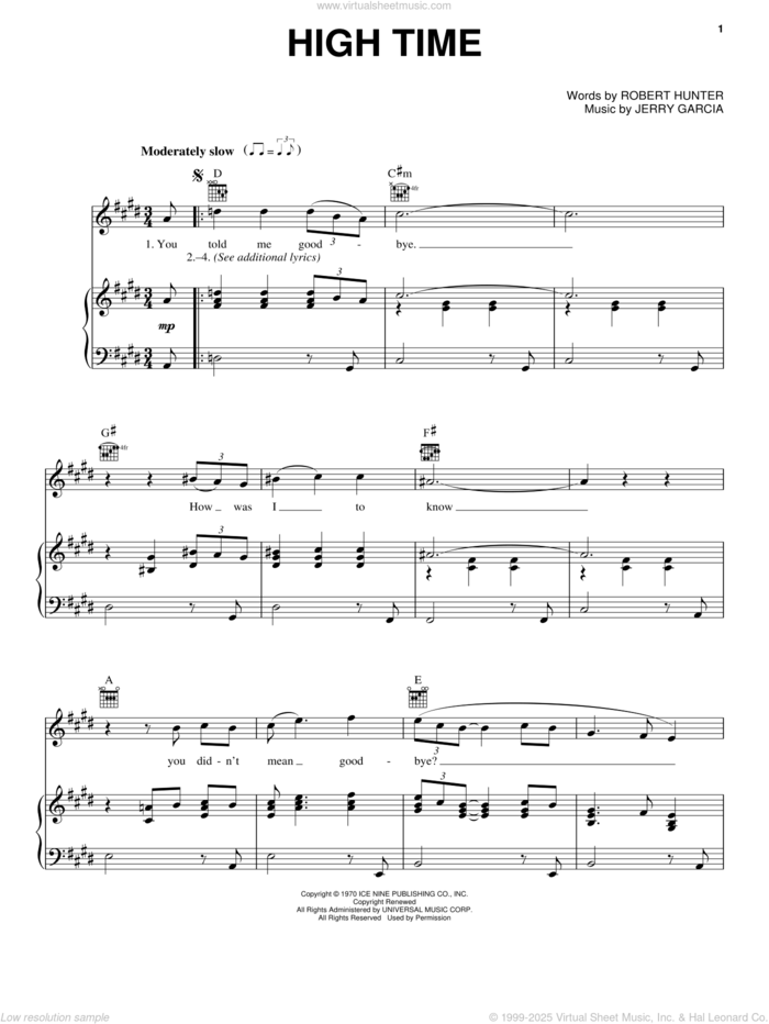 High Time sheet music for voice, piano or guitar by Grateful Dead, Jerry Garcia and Robert Hunter, intermediate skill level