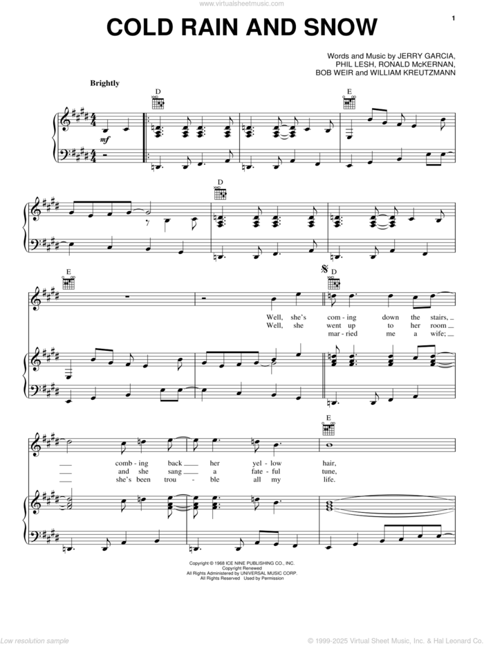 Cold Rain And Snow sheet music for voice, piano or guitar by Grateful Dead, Bob Weir, Jerry Garcia, Phil Lesh, Ronald McKernan and William Kreutzmann, intermediate skill level