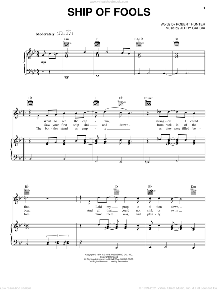 Ship Of Fools sheet music for voice, piano or guitar by Grateful Dead, Jerry Garcia and Robert Hunter, intermediate skill level
