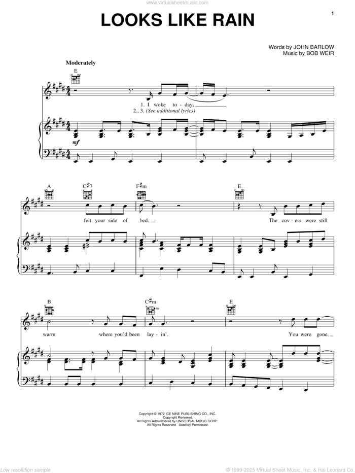 Looks Like Rain sheet music for voice, piano or guitar by Grateful Dead, Bob Weir and John Barlow, intermediate skill level