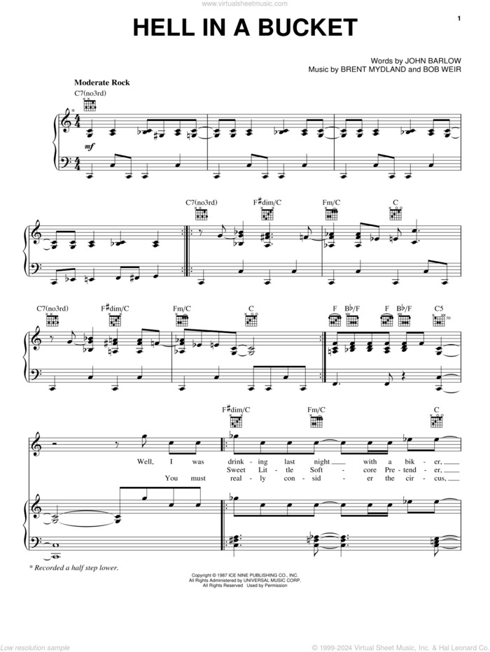Hell In A Bucket sheet music for voice, piano or guitar by Grateful Dead, Bob Weir, Brent Mydland and John Barlow, intermediate skill level