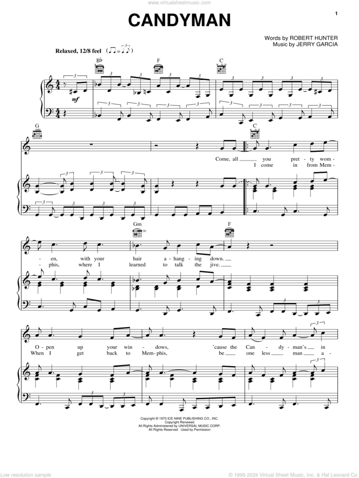 Candyman sheet music for voice, piano or guitar by Grateful Dead, Jerry Garcia and Robert Hunter, intermediate skill level