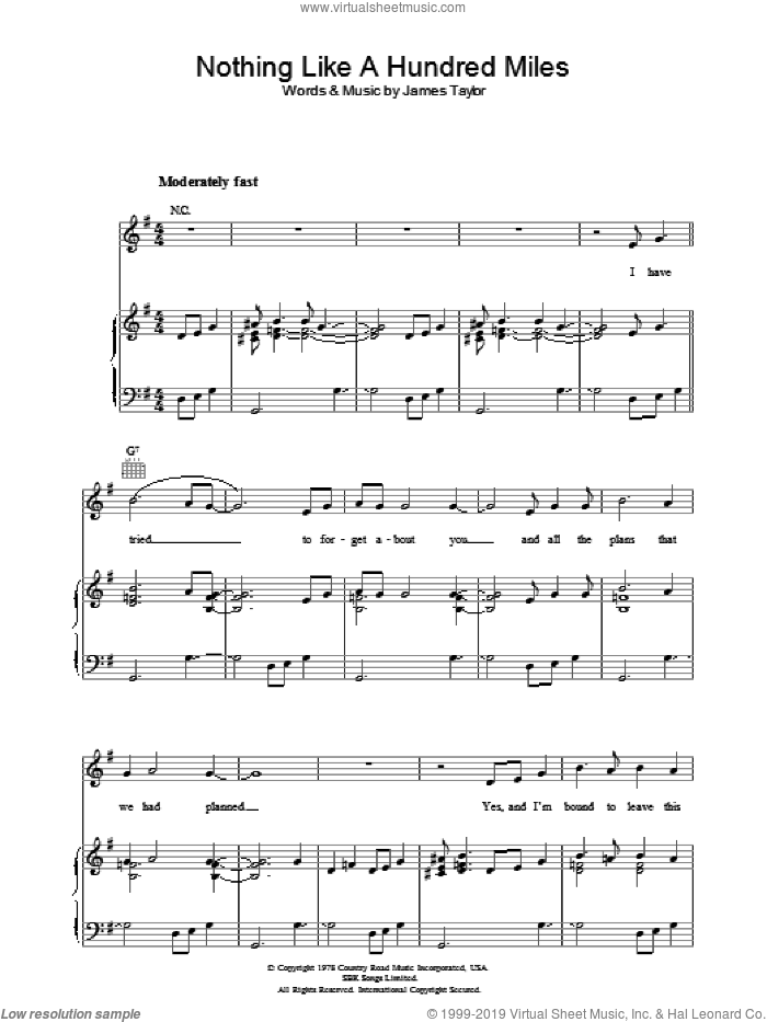 Nothing Like A Hundred Miles sheet music for voice, piano or guitar by James Taylor, intermediate skill level
