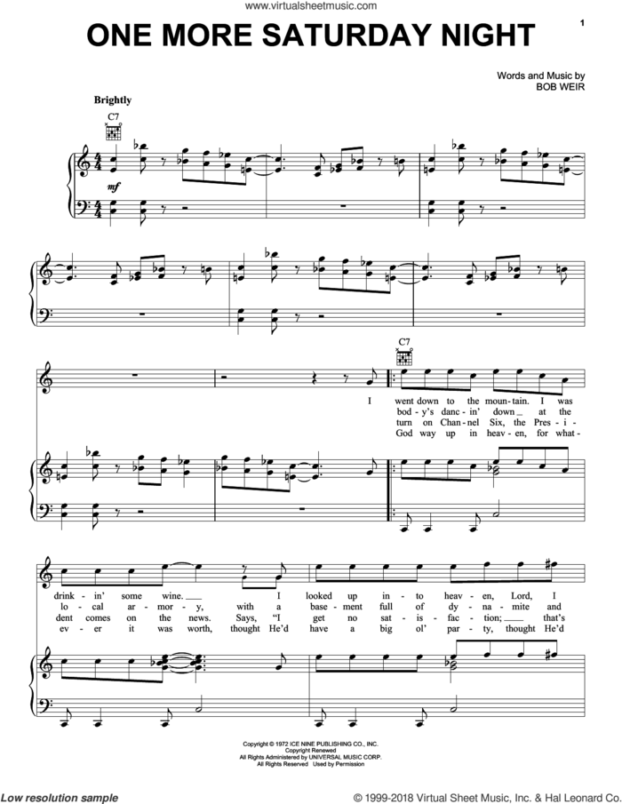 One More Saturday Night sheet music for voice, piano or guitar by Grateful Dead and Bob Weir, intermediate skill level
