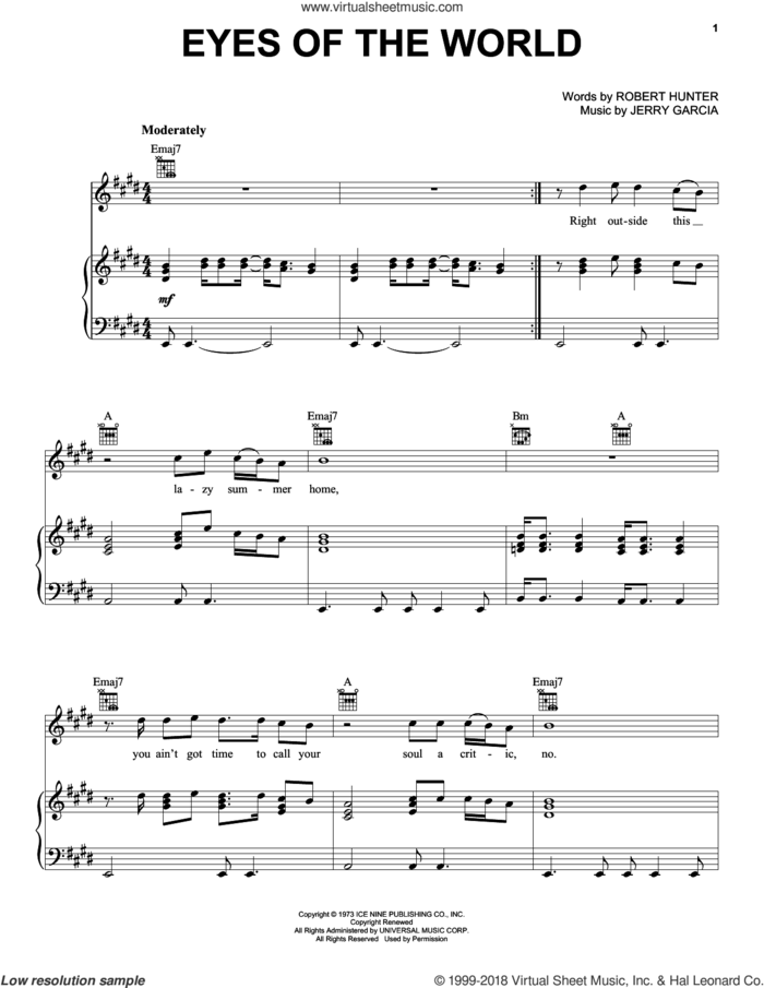 Eyes Of The World sheet music for voice, piano or guitar by Grateful Dead, Jerry Garcia and Robert Hunter, intermediate skill level