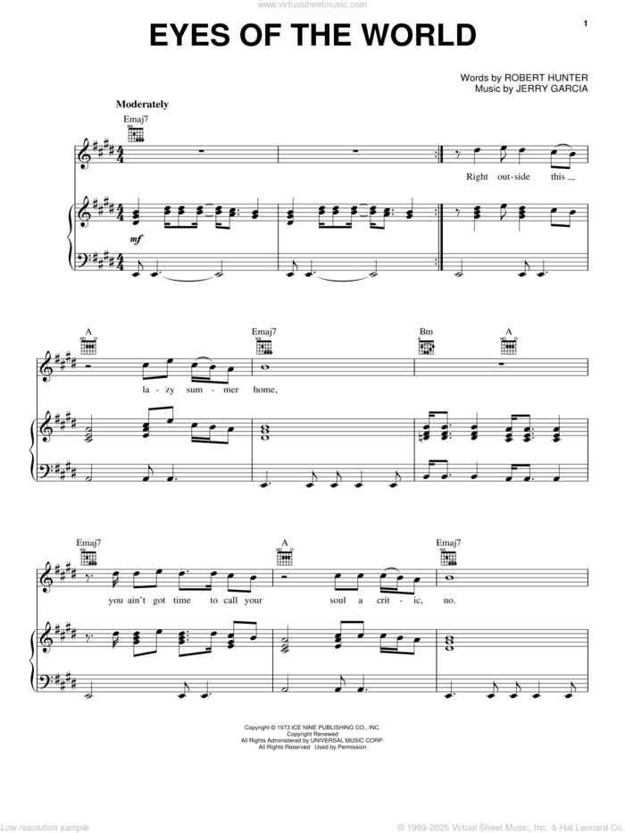 Eyes Of The World sheet music for voice, piano or guitar by Grateful Dead, Jerry Garcia and Robert Hunter, intermediate skill level