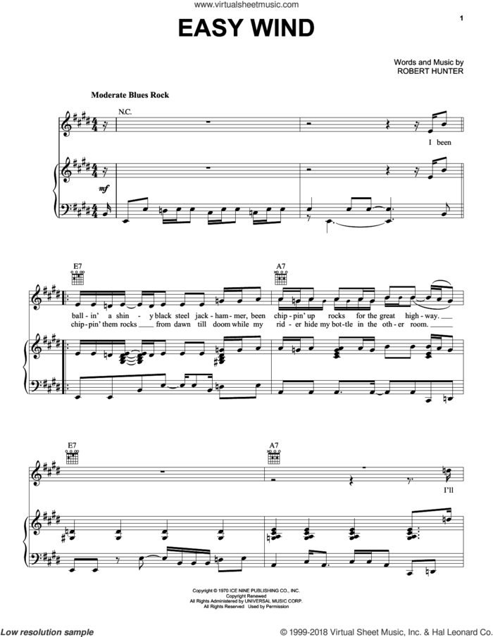 Easy Wind sheet music for voice, piano or guitar by Grateful Dead and Robert Hunter, intermediate skill level
