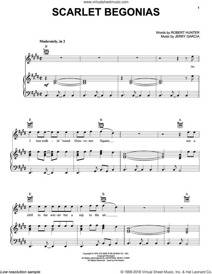 Scarlet Begonias sheet music for voice, piano or guitar by Grateful Dead, Sublime, Jerry Garcia and Robert Hunter, intermediate skill level