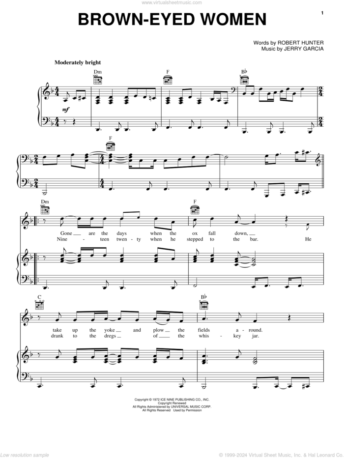 Brown-Eyed Women sheet music for voice, piano or guitar by Grateful Dead, Jerry Garcia and Robert Hunter, intermediate skill level