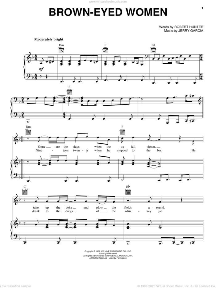 Brown-Eyed Women sheet music for voice, piano or guitar by Grateful Dead, Jerry Garcia and Robert Hunter, intermediate skill level