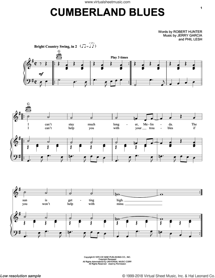 Cumberland Blues sheet music for voice, piano or guitar by Grateful Dead, Jerry Garcia, Phil Lesh and Robert Hunter, intermediate skill level