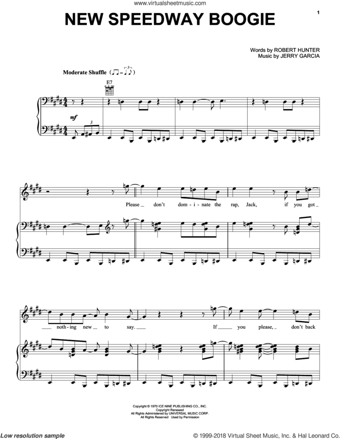 New Speedway Boogie sheet music for voice, piano or guitar by Grateful Dead, Jerry Garcia and Robert Hunter, intermediate skill level