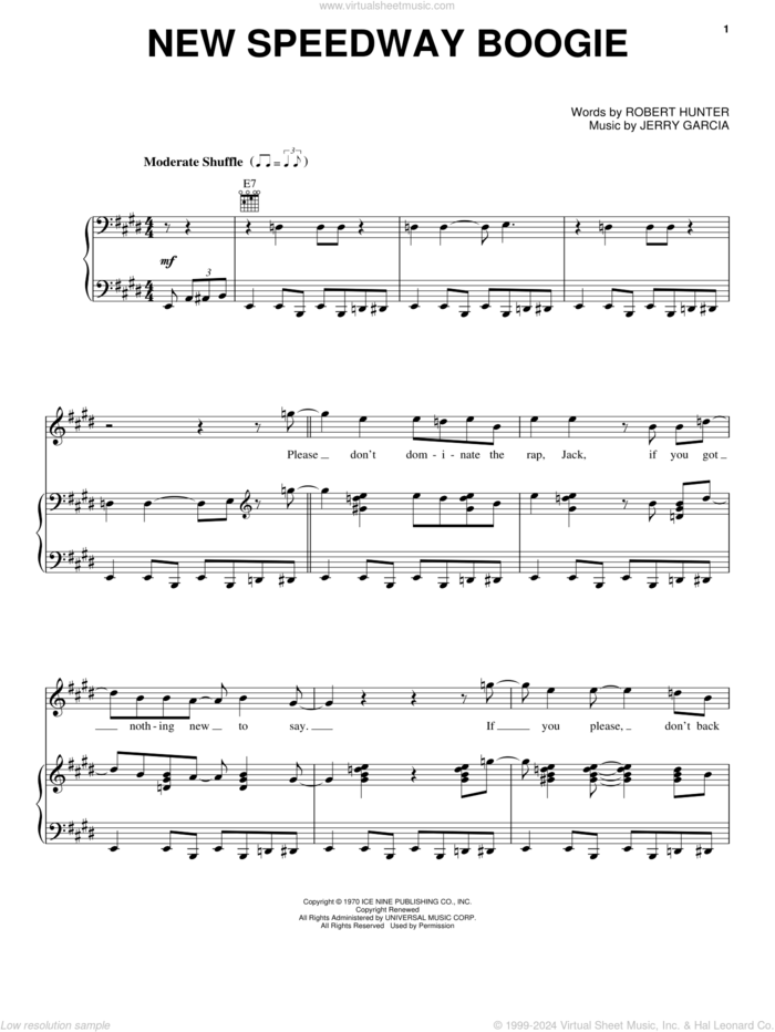 New Speedway Boogie sheet music for voice, piano or guitar by Grateful Dead, Jerry Garcia and Robert Hunter, intermediate skill level