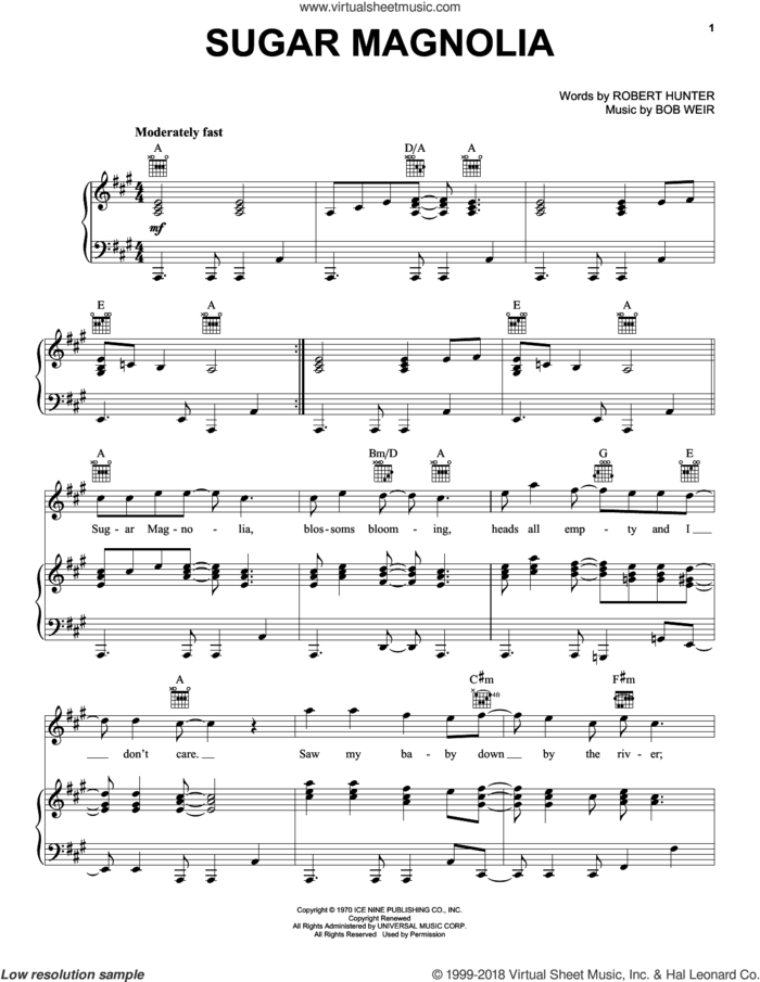 Sugar Magnolia sheet music for voice, piano or guitar by Grateful Dead, Bob Weir and Robert Hunter, intermediate skill level