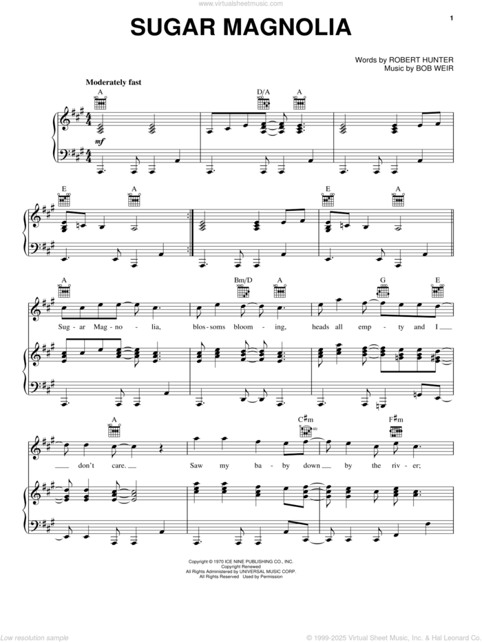 Sugar Magnolia sheet music for voice, piano or guitar by Grateful Dead, Bob Weir and Robert Hunter, intermediate skill level