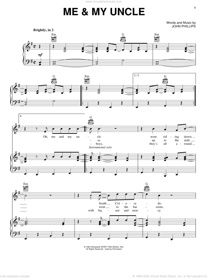 Me and My Uncle sheet music for voice, piano or guitar by Grateful Dead, John Denver and John Phillips, intermediate skill level