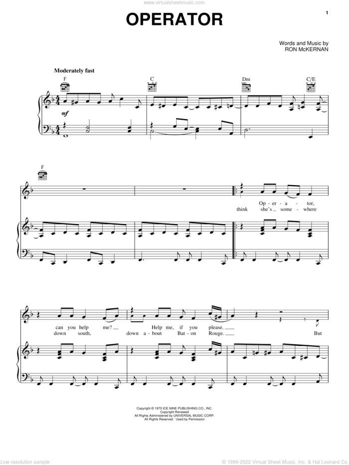 Operator sheet music for voice, piano or guitar by Grateful Dead and Ron McKernan, intermediate skill level