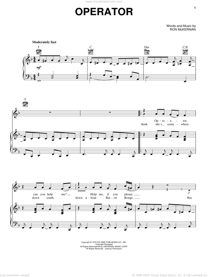 Operator sheet music for voice, piano or guitar by Grateful Dead and Ron McKernan, intermediate skill level