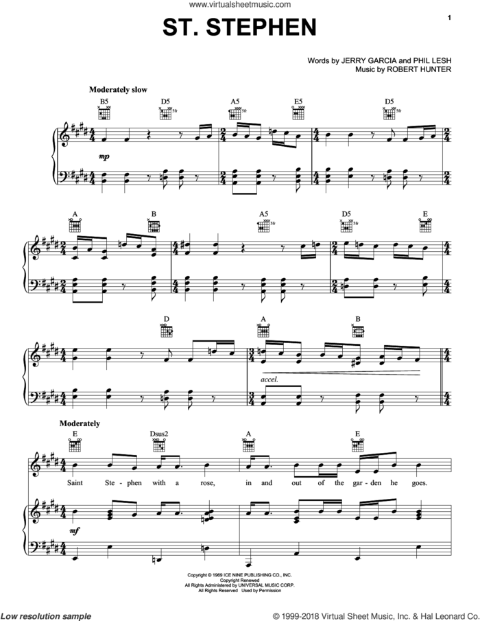 St. Stephen sheet music for voice, piano or guitar by Grateful Dead, Jerry Garcia, Phil Lesh and Robert Hunter, intermediate skill level