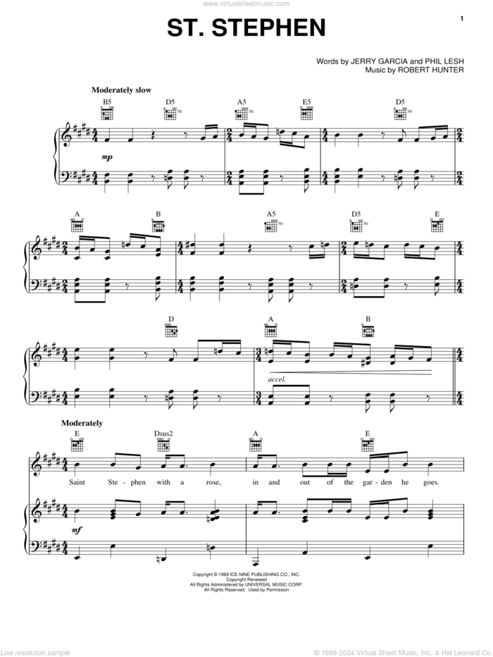 St. Stephen sheet music for voice, piano or guitar by Grateful Dead, Jerry Garcia, Phil Lesh and Robert Hunter, intermediate skill level