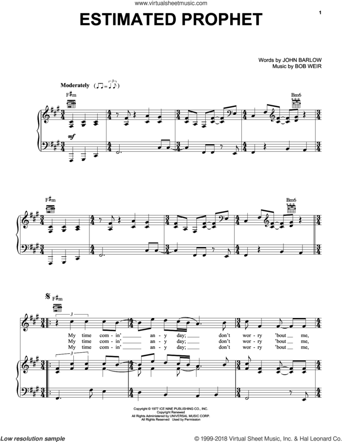 Estimated Prophet sheet music for voice, piano or guitar by Grateful Dead, Bob Weir and John Barlow, intermediate skill level