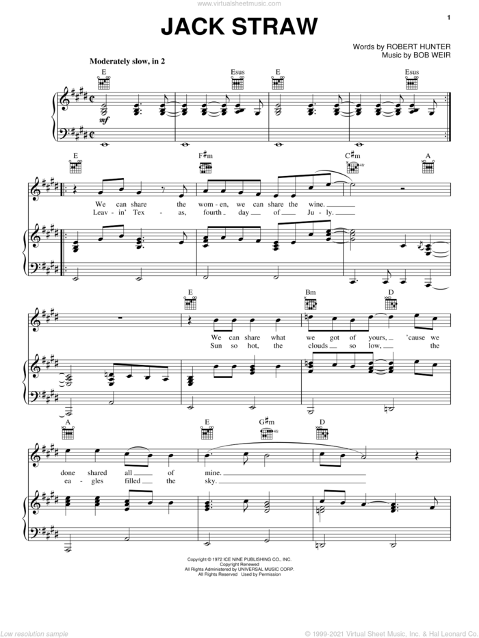 Jack Straw sheet music for voice, piano or guitar by Grateful Dead, Bob Weir and Robert Hunter, intermediate skill level