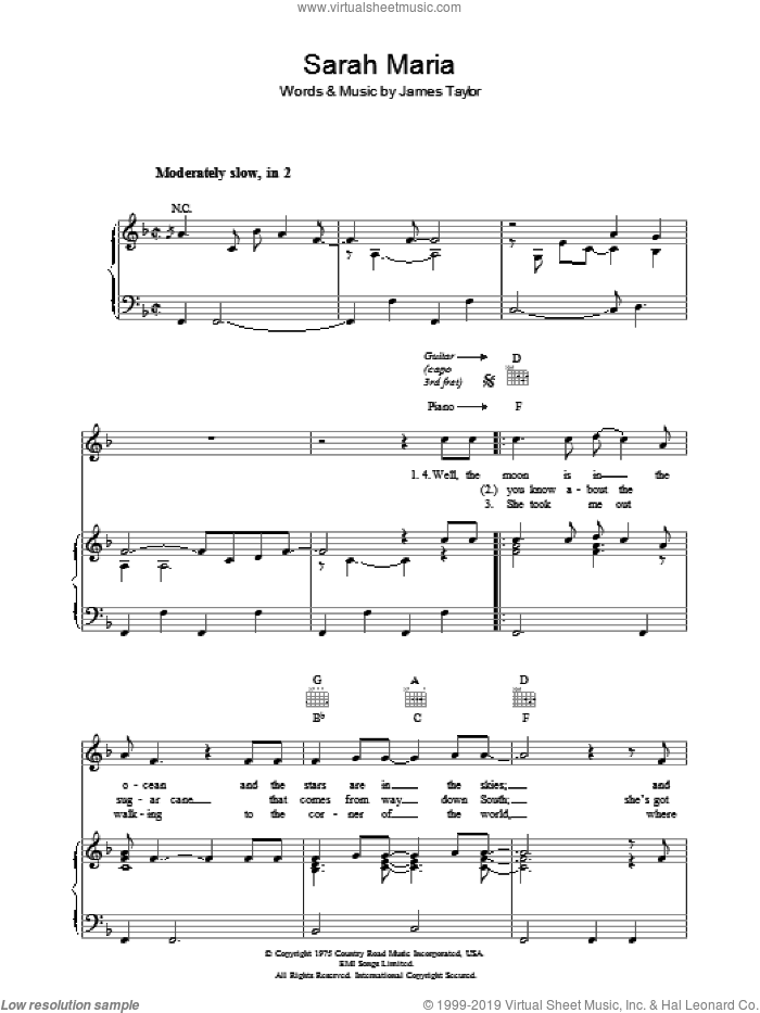 Sarah Maria sheet music for voice, piano or guitar by James Taylor, intermediate skill level
