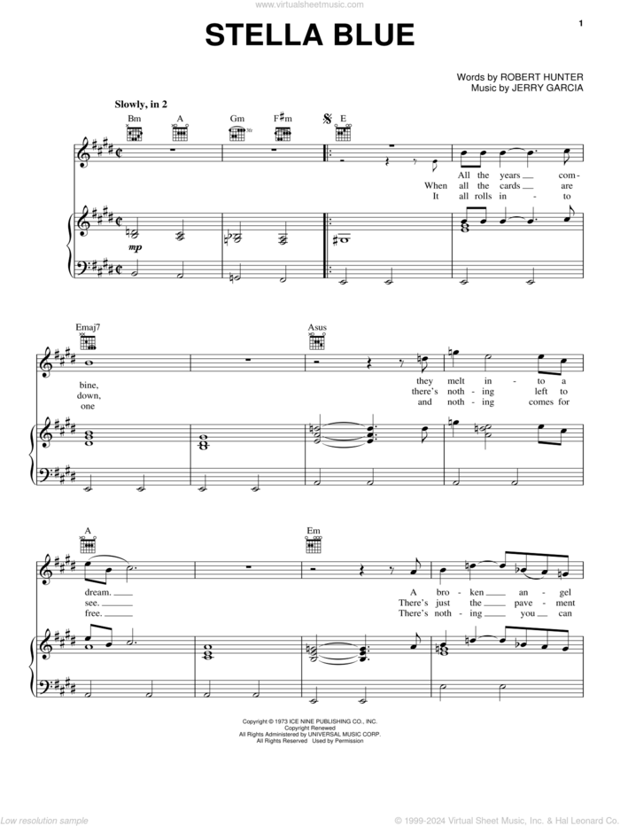 Stella Blue sheet music for voice, piano or guitar by Grateful Dead, Jerry Garcia and Robert Hunter, intermediate skill level