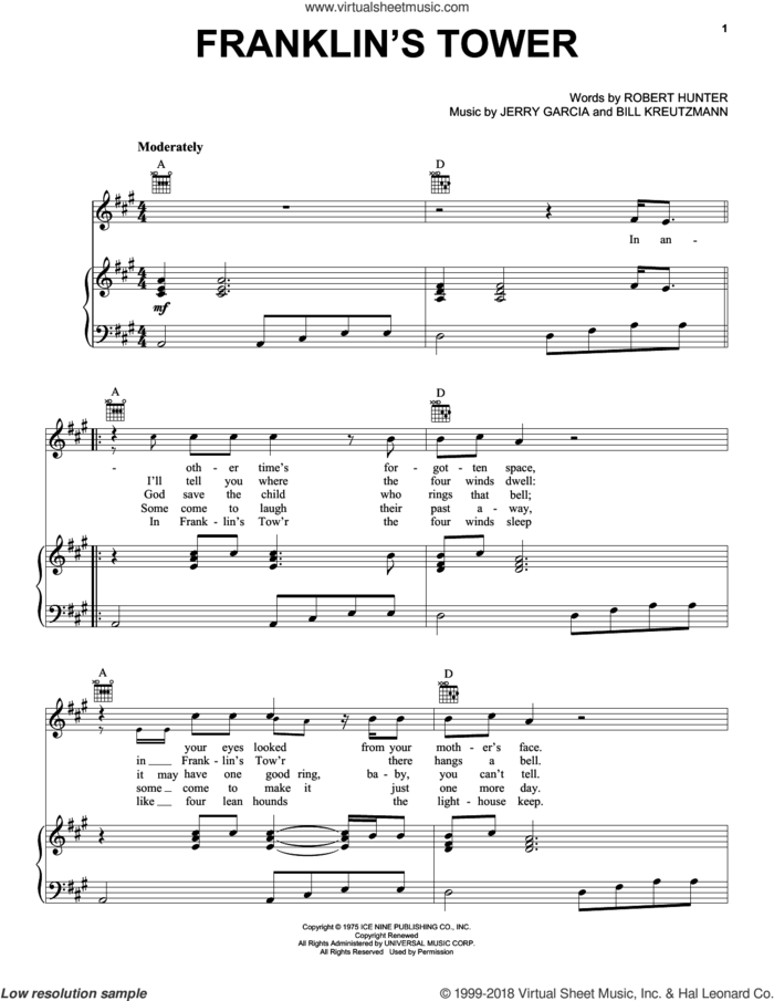 Franklin's Tower sheet music for voice, piano or guitar by Grateful Dead, Bill Kreutzmann, Jerry Garcia and Robert Hunter, intermediate skill level