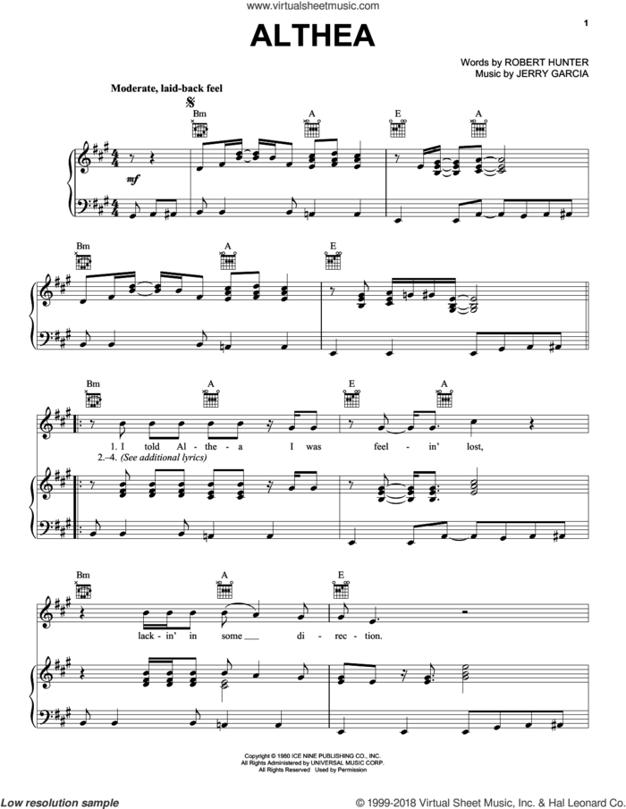 Althea sheet music for voice, piano or guitar by Grateful Dead, Jerry Garcia and Robert Hunter, intermediate skill level