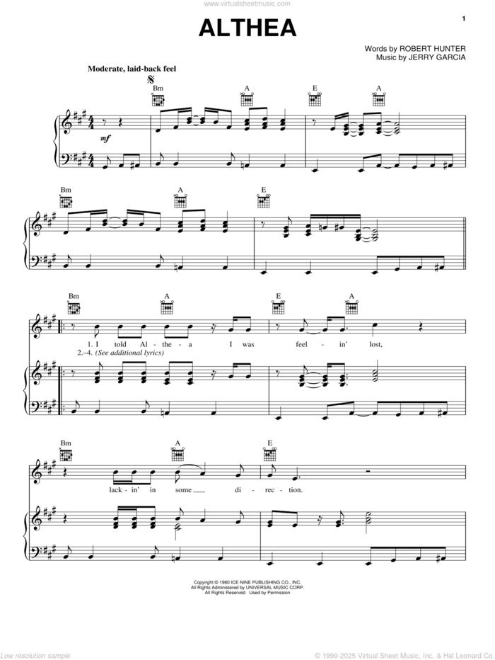 Althea sheet music for voice, piano or guitar by Grateful Dead, Jerry Garcia and Robert Hunter, intermediate skill level