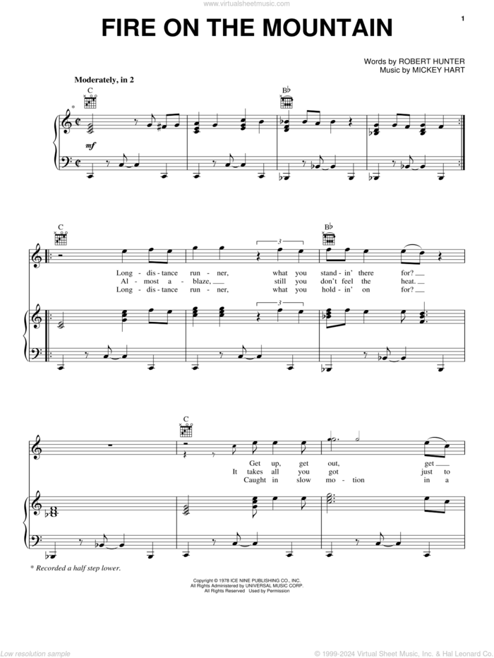 Fire On The Mountain sheet music for voice, piano or guitar by Grateful Dead, Mickey Hart and Robert Hunter, intermediate skill level
