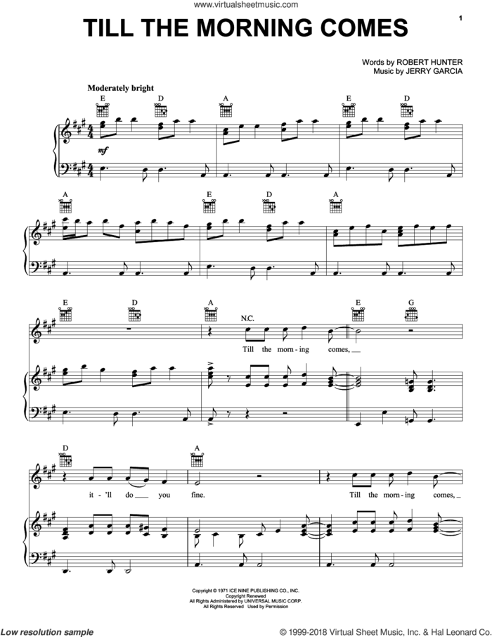 Till The Morning Comes sheet music for voice, piano or guitar by Grateful Dead, Jerry Garcia and Robert Hunter, intermediate skill level