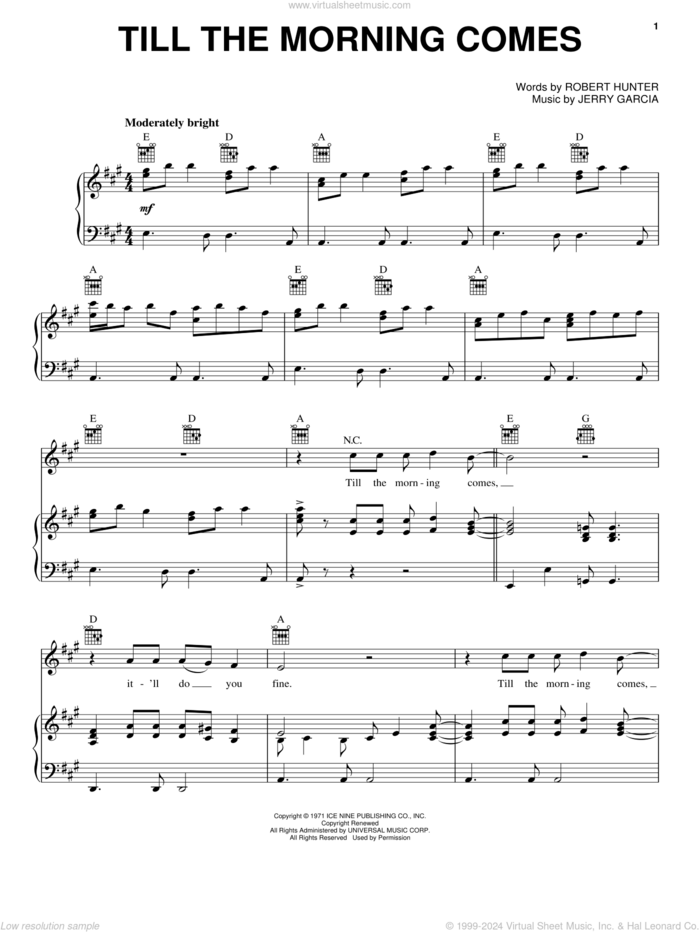 Till The Morning Comes sheet music for voice, piano or guitar by Grateful Dead, Jerry Garcia and Robert Hunter, intermediate skill level
