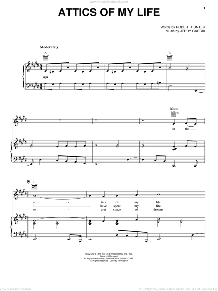Attics Of My Life sheet music for voice, piano or guitar by Grateful Dead, Jerry Garcia and Robert Hunter, intermediate skill level