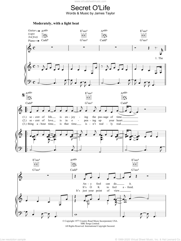 Secret O'Life sheet music for voice, piano or guitar by James Taylor, intermediate skill level
