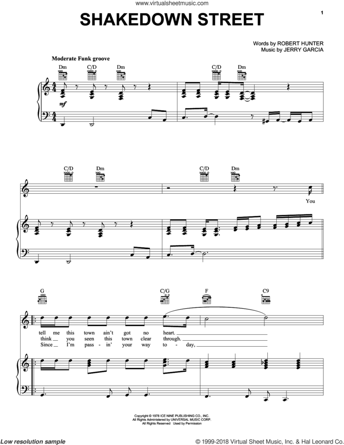 Shakedown Street sheet music for voice, piano or guitar by Grateful Dead, Jerry Garcia and Robert Hunter, intermediate skill level
