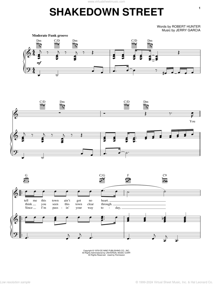 Shakedown Street sheet music for voice, piano or guitar by Grateful Dead, Jerry Garcia and Robert Hunter, intermediate skill level