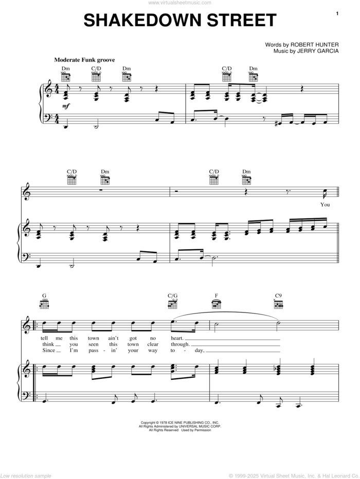 Shakedown Street sheet music for voice, piano or guitar by Grateful Dead, Jerry Garcia and Robert Hunter, intermediate skill level