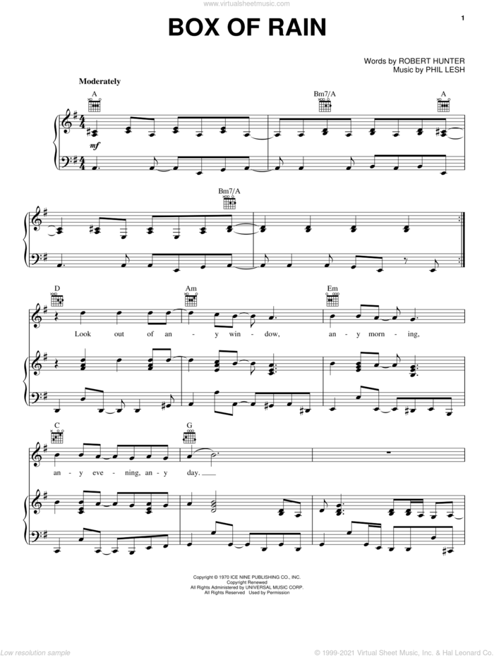 Box Of Rain sheet music for voice, piano or guitar by Grateful Dead, Phil Lesh and Robert Hunter, intermediate skill level