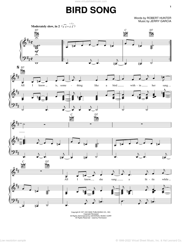 Bird Song sheet music for voice, piano or guitar by Grateful Dead, Jerry Garcia and Robert Hunter, intermediate skill level