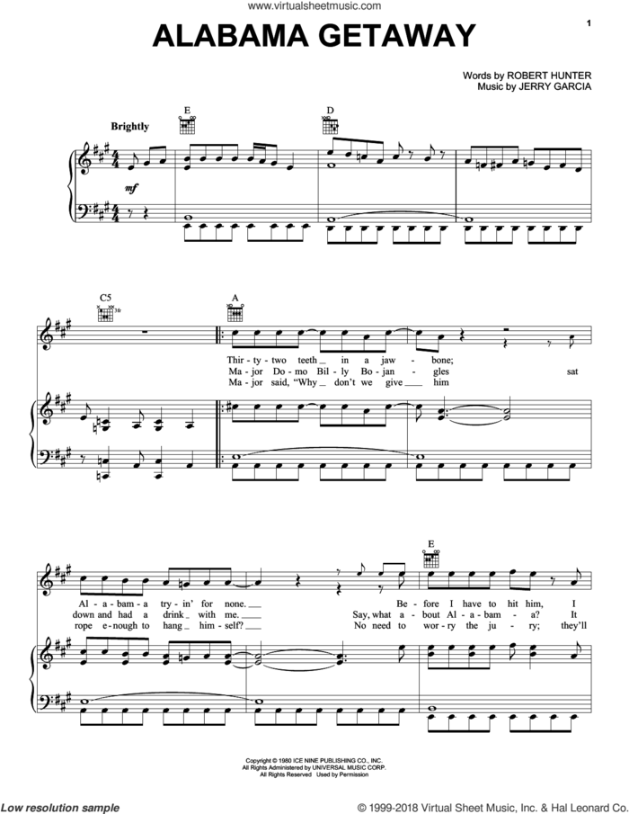 Alabama Getaway sheet music for voice, piano or guitar by Grateful Dead, Jerry Garcia and Robert Hunter, intermediate skill level
