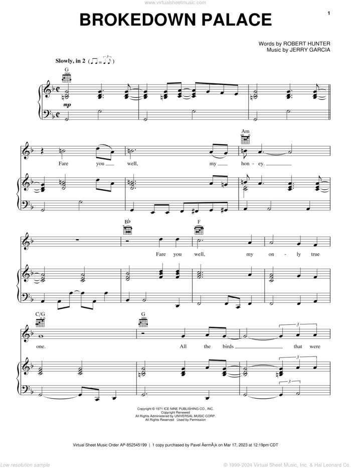 Brokedown Palace sheet music for voice, piano or guitar by Grateful Dead, Jerry Garcia and Robert Hunter, intermediate skill level