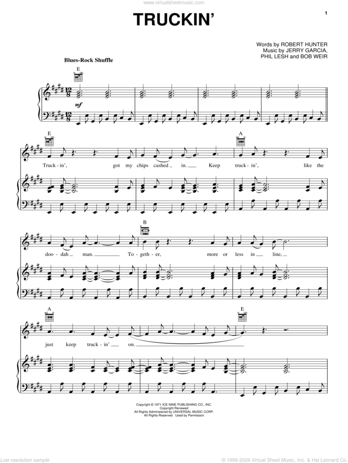Truckin' sheet music for voice, piano or guitar by Grateful Dead, Bob Weir, Jerry Garcia, Phil Lesh and Robert Hunter, intermediate skill level