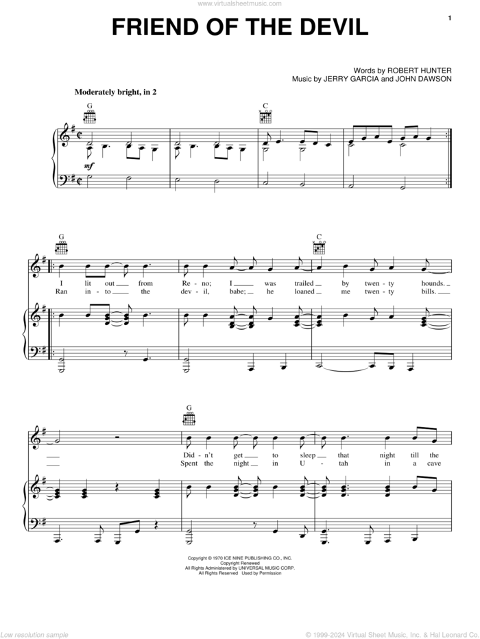 Friend Of The Devil sheet music for voice, piano or guitar by Grateful Dead, Jerry Garcia, John Dawson and Robert Hunter, intermediate skill level