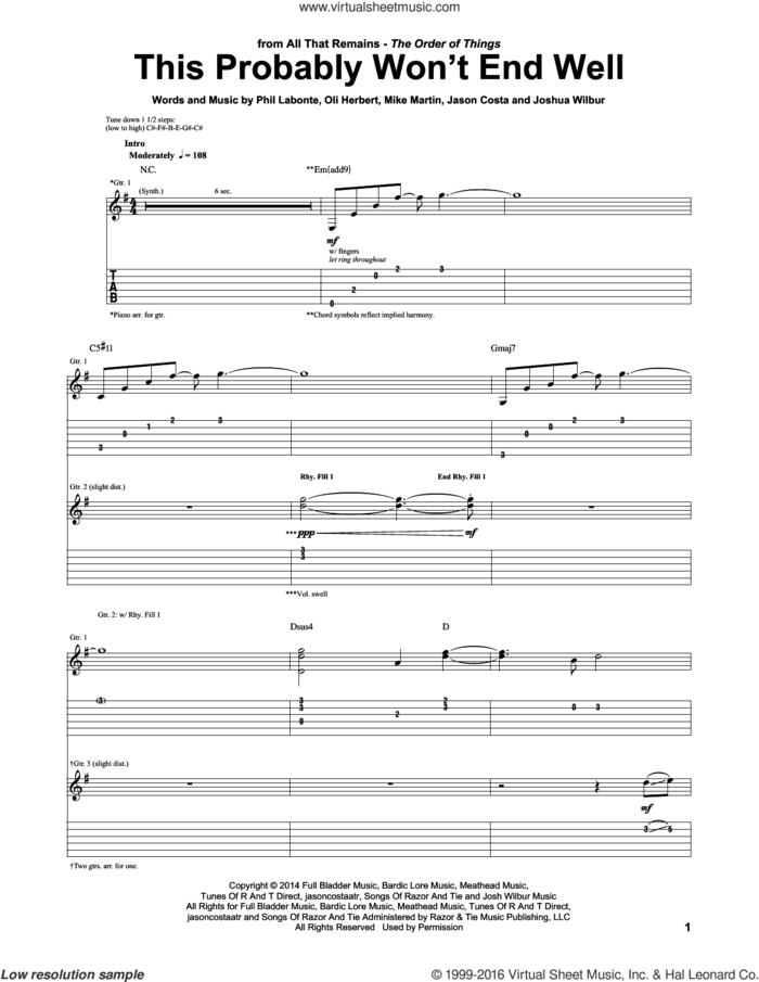 This Probably Won't End Well sheet music for guitar (tablature) by All That Remains, Jason Costa, Joshua Wilbur, Mike Martin, Oli Herbert and Phil Labonte, intermediate skill level