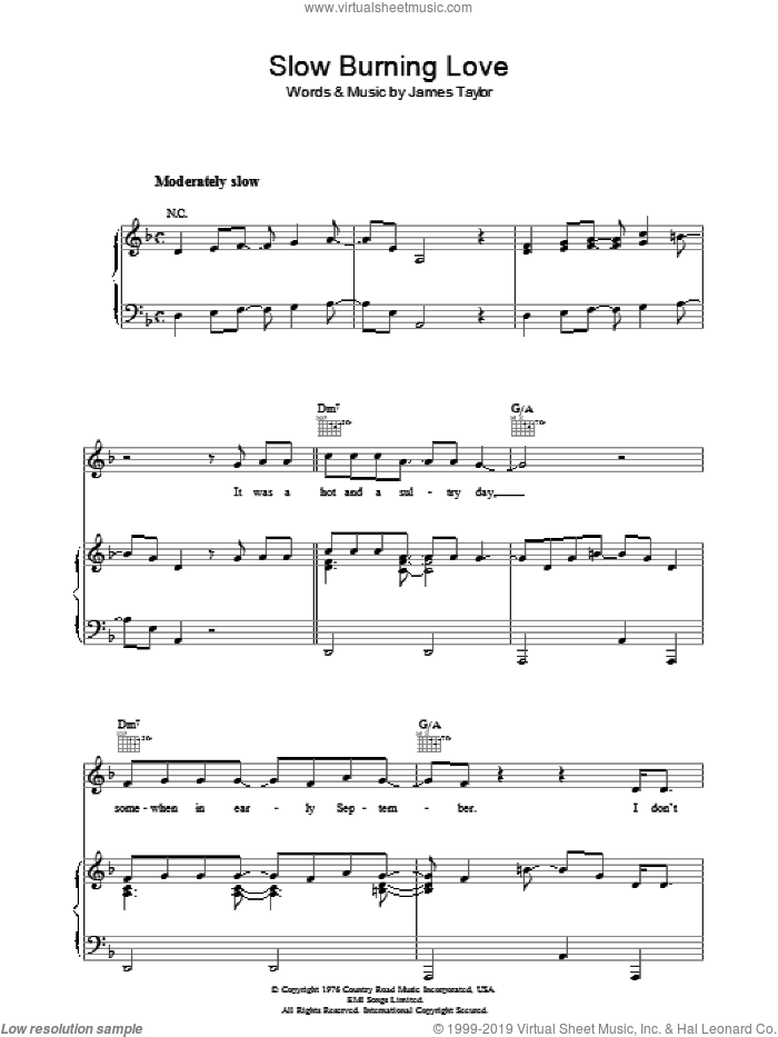 Slow Burning Love sheet music for voice, piano or guitar by James Taylor, intermediate skill level